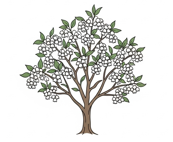 A simple, line-drawn image of a white-flowered tree with green leaves, seen from behind, against a white background.